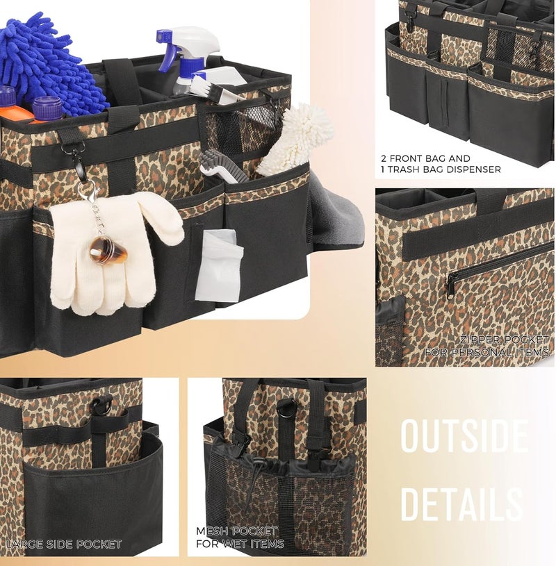 SCAVATA Wearable Cleaning Caddy, Cleaning Caddy Supplies Organizer with Handle & Shoulder Straps for Housekeepers, Under Sink & Car Cleaning Tool Organizers Bag with 4 Foldable Divider (Leopard) - Image 3